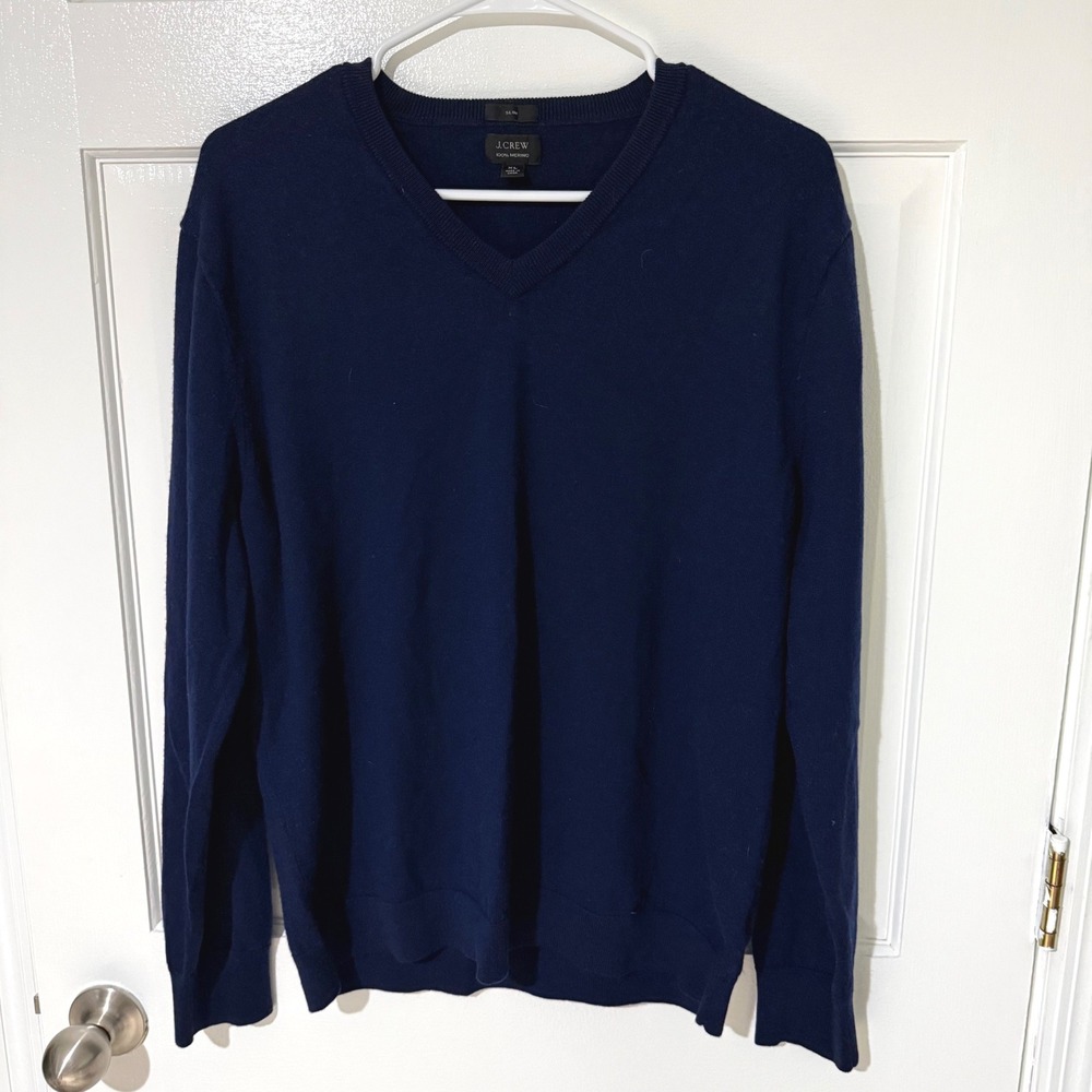 J.Crew Mens XL Slim Fit 100% Merino Wool V-Neck Sweater Navy Blue Knit